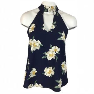Sweet Wanderer mock neck blue floral top blouse
